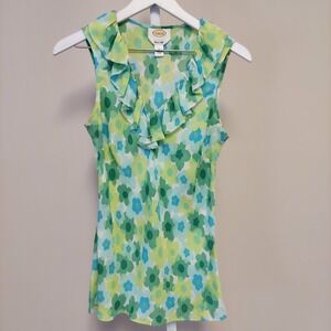 Talbots Pure Silk Floral Ruffle V-Neck Sleeveless Blouse Green Blue Womens 8 Y2K